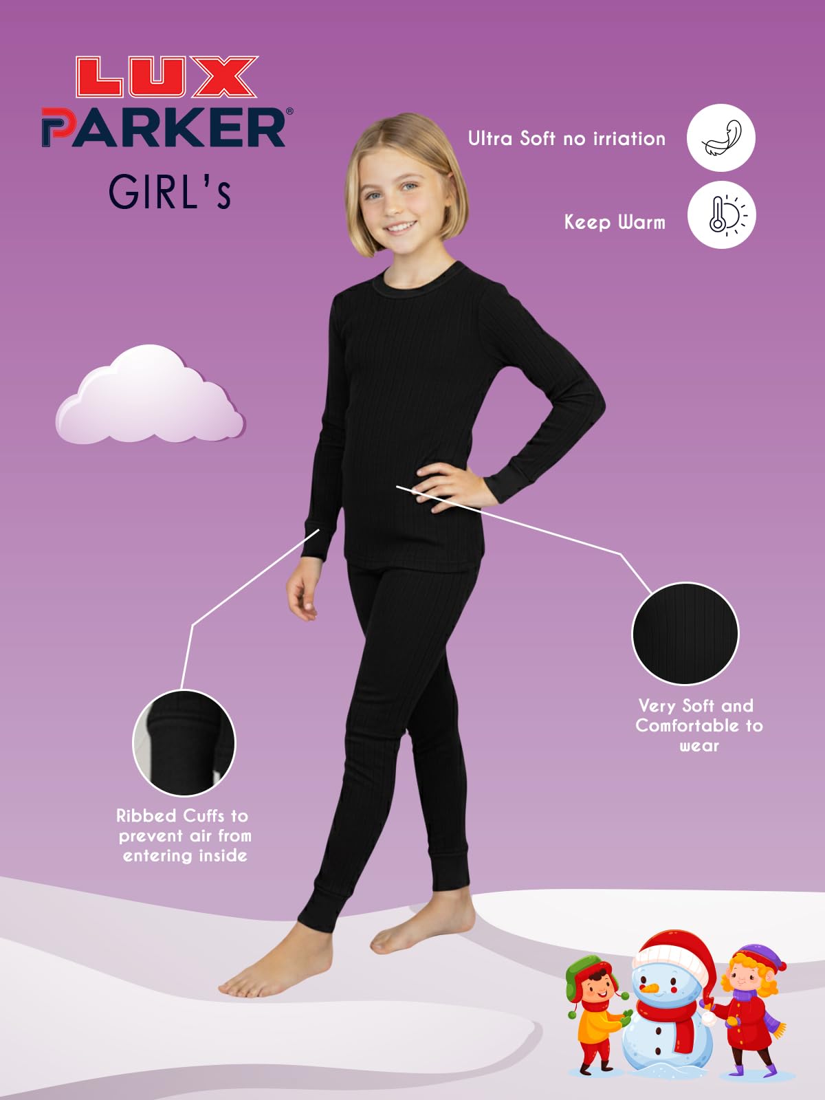 Lux Parker Girl's Black Round Neck Full Sleeves Thermal Top and Bottom Set_Parker_Girls_TOP_TRO_BLK_65_Set 1