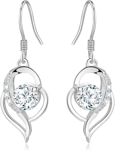Sterling Silver Drop Earrings for Women: Gamtic 925 Sterling Silver Allergy Free Heart Dangle Earrings with 5A Cubic Zirconia on Birthday Valentines Anniversary for Mother Girlfriend Wife Girls (Silver)
