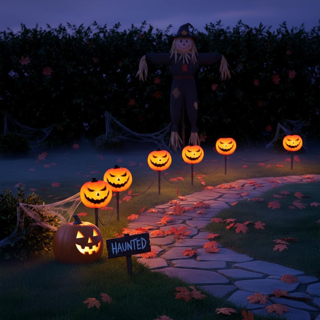 Halloween Outdoor Pathway Lights,7FT Halloween Pumpkin Stake Lights with 4 Clear C7 LED Bulbs for Outside Garden Yard Lawn Driveway Party Decor