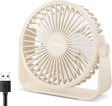 TriPole USB Desk Fan Portable Mini Fan Powerful 3 Speeds Wind Personal Desktop Fan with 360 Head Rotation for Home Office Car Indoor Outdoor Beige, No Battery, 4.5 Inches