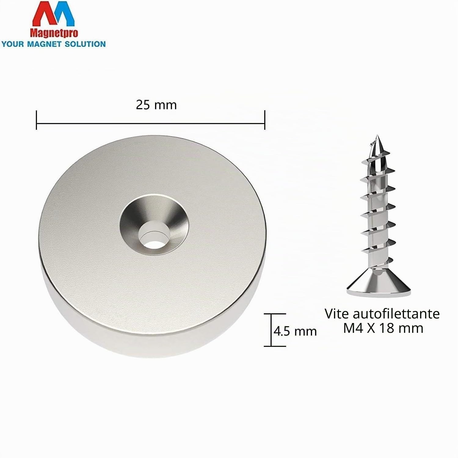 Magnetpro 6 pezzi magneti al neodimio a disco 25 x 5 mm, foro per testa svasata, trazione 10 kg con 6 viti