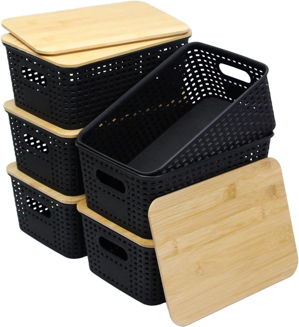 Soddeph Plastic Storage Baskets With Bamboo Lid for Organizing,Small Stackable Box Containers for Shelves, Drawers, Closet, Office, and Desktop (Black, 6 Pack)