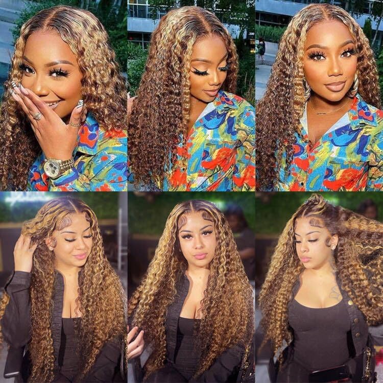 Image of Pizazz Ombre Highlight Lace Front Wig Human Hair 180 Density Deep Wave Wig