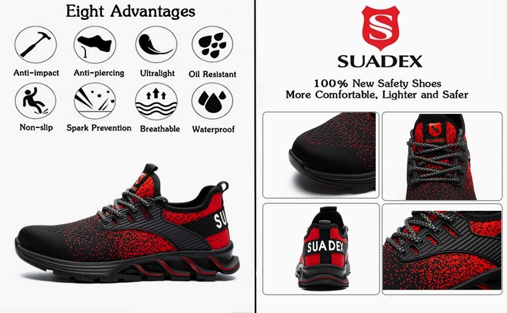 SUADEX Steel Toe Sneakers for Men Women Indestructible Work Safety Shoes Lightweight Comfortable Slip Resistant Composite Toe Red