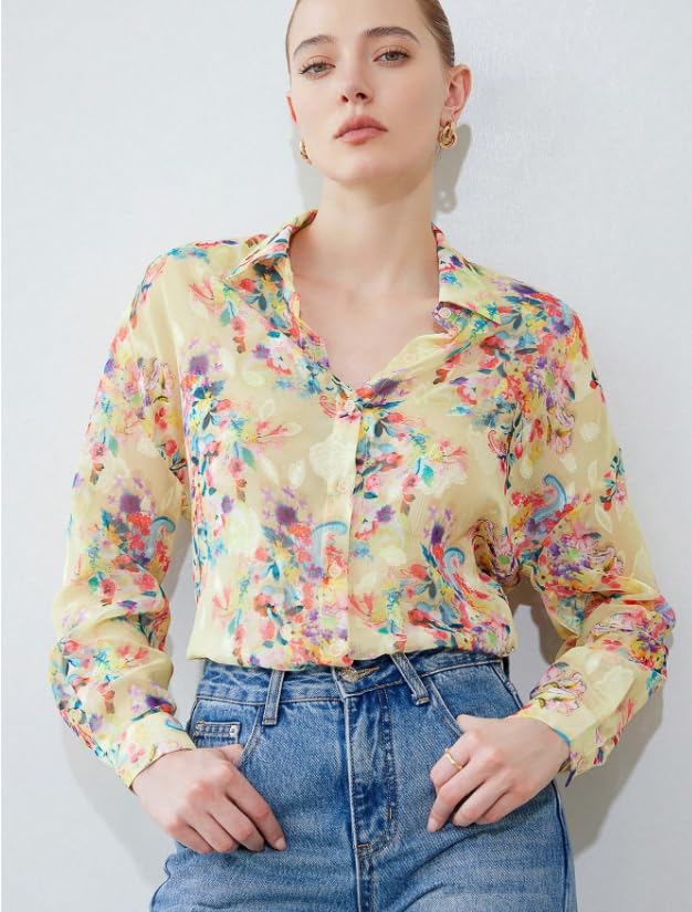 Image of Women Shirt || Women Top ||Floral Print Polo Collar Shirt, Casual Long Sleeve (S-26-28)