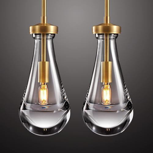Juego de 2 lámparas colgantes de latón, isla de cocina con cristal de gota de lluvia de arte hecho a mano, candelabro de cocina con bombilla LED