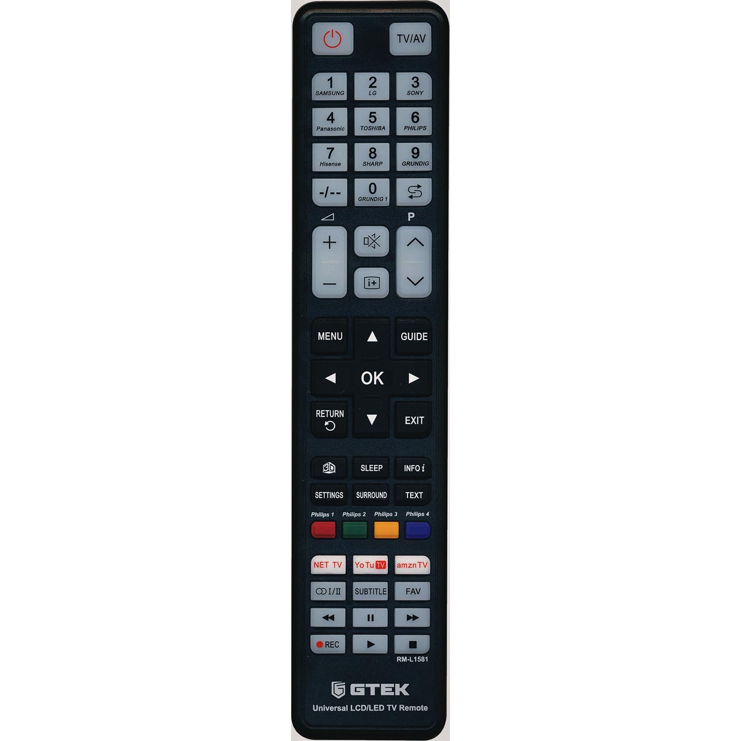 Gtek Canada Universal TV Remote Control showing all buttons