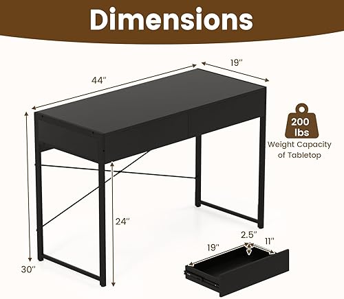 Miniatura 3 de GOFLAME Moderno escritorio para computadora de 2 cajones, escritorio de oficina en casa con marco de metal reforzado de alta resistencia, escritorio