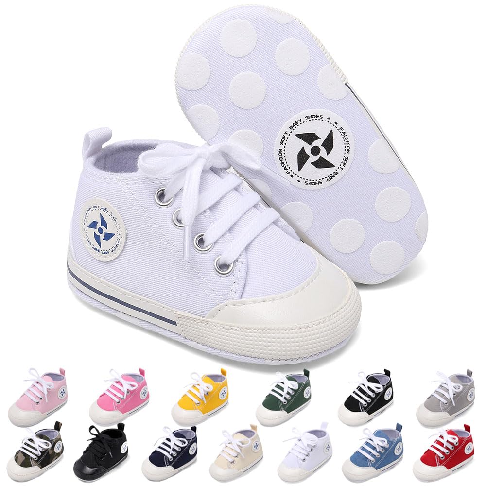 Baby Boys Girls Star High Top Sneaker Soft Anti-Slip Sole Newborn Infant First Walkers Canvas Denim Shoes 0-6 Months Infant A-white