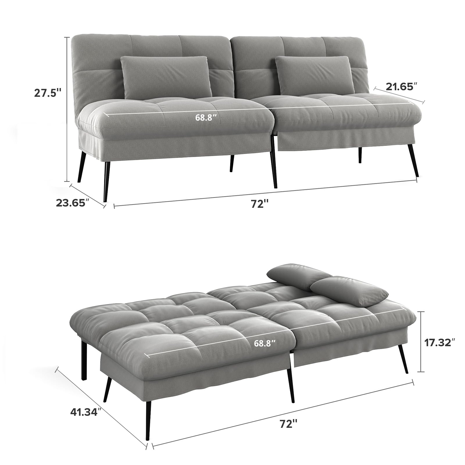 COMHOMA Futon Sofa Bed, 72″ Convertible Sleeper Sofa, Upholstered Loveseat | Adjustable Fabric Foldable Couch,Multi-angle Reclining Loveseat with Pillows,Futon Set for Living Room,Apartment,Office