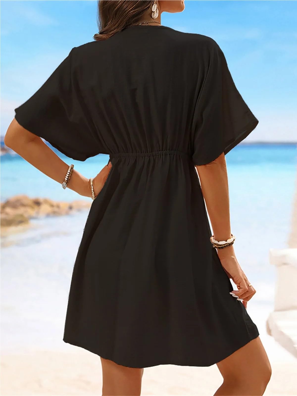 Robe de plage en dentelle à manches courtes et col en V pour femme