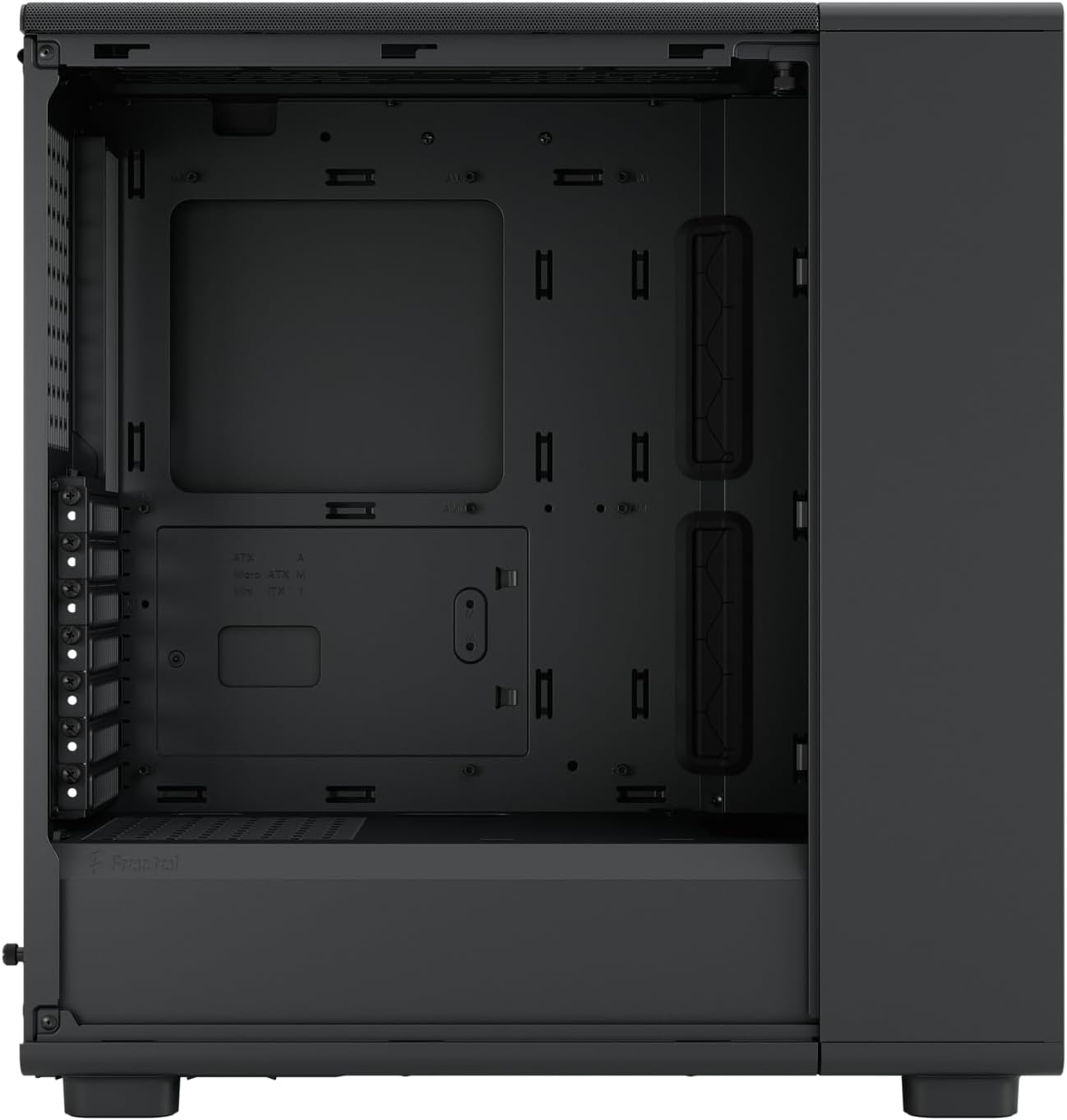 内部 view of Fractal Design Epoch PC Case showing motherboard tray and drive bays