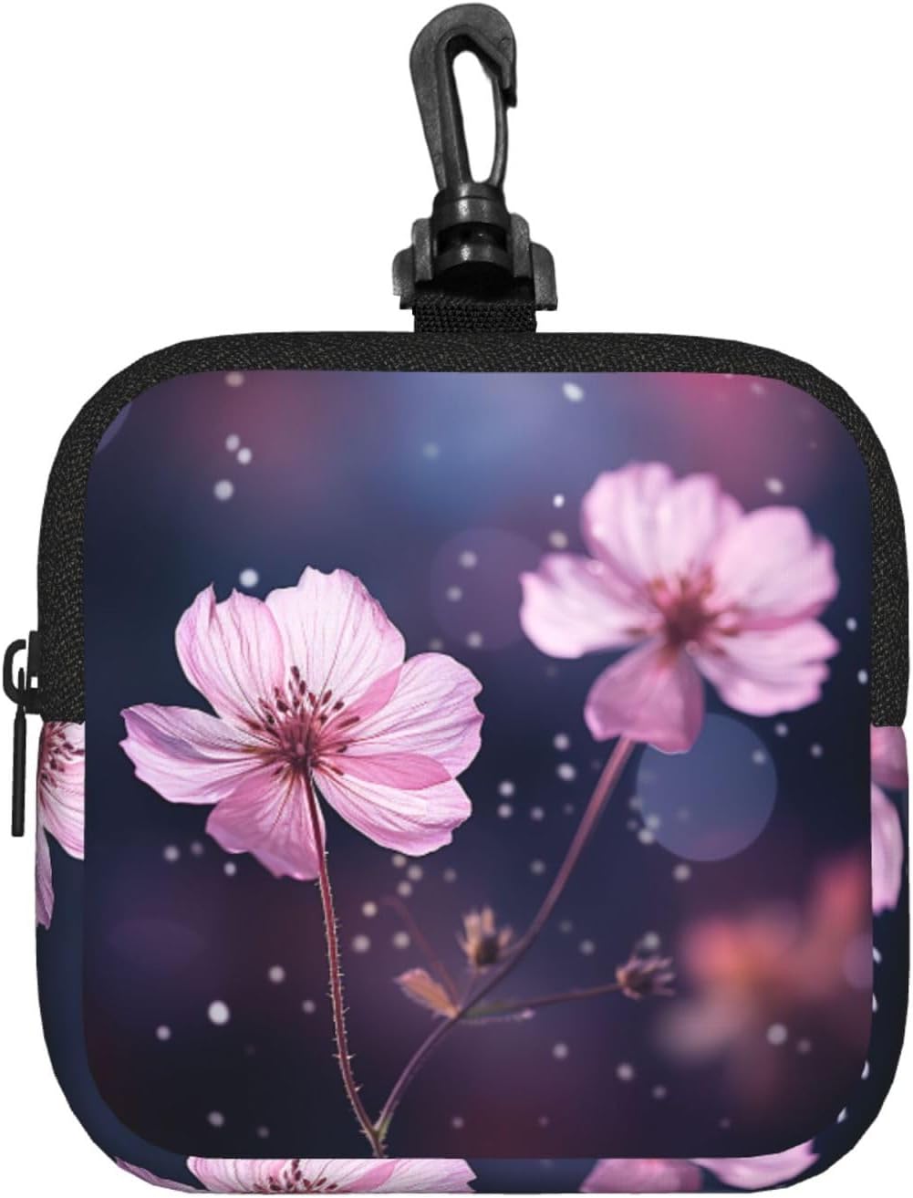 Small Neoprene Pouch, Mini Portable Makeup Bag With Carabiner Keychain Waterproof Travel Coin Purse Storage Bag Blurred Two Pink Flowers Clutch Cosmetic Organizer For Women