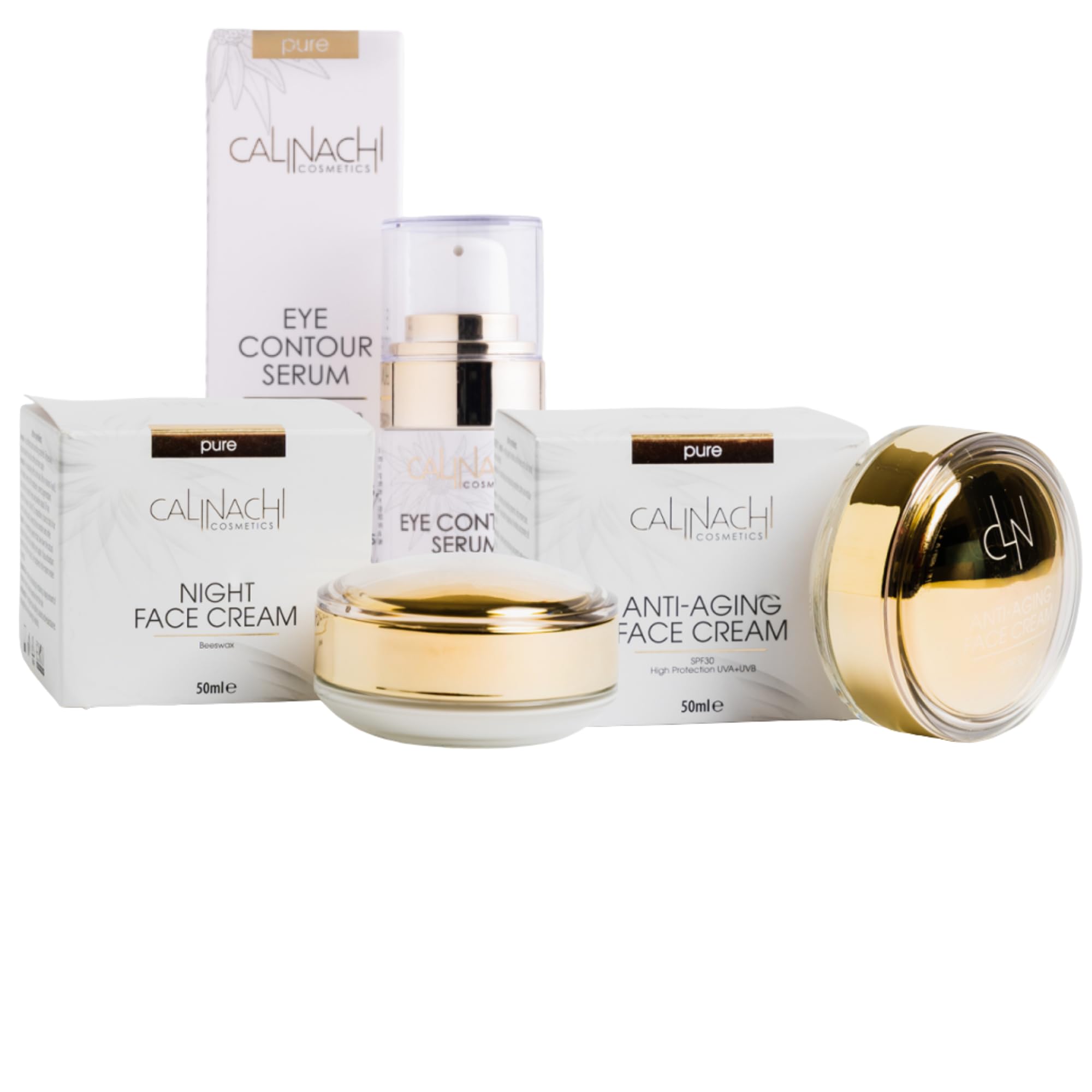 CALINACHI Anti-Aging Set Tagescreme Nachtcreme Augenserum SPF 30 | 3-Schritte Anti-Aging Routine für Tag, Nacht und Augenpartie mit Matrixyl Synthe’6, Q10, Hyaluron und AMEYEZING