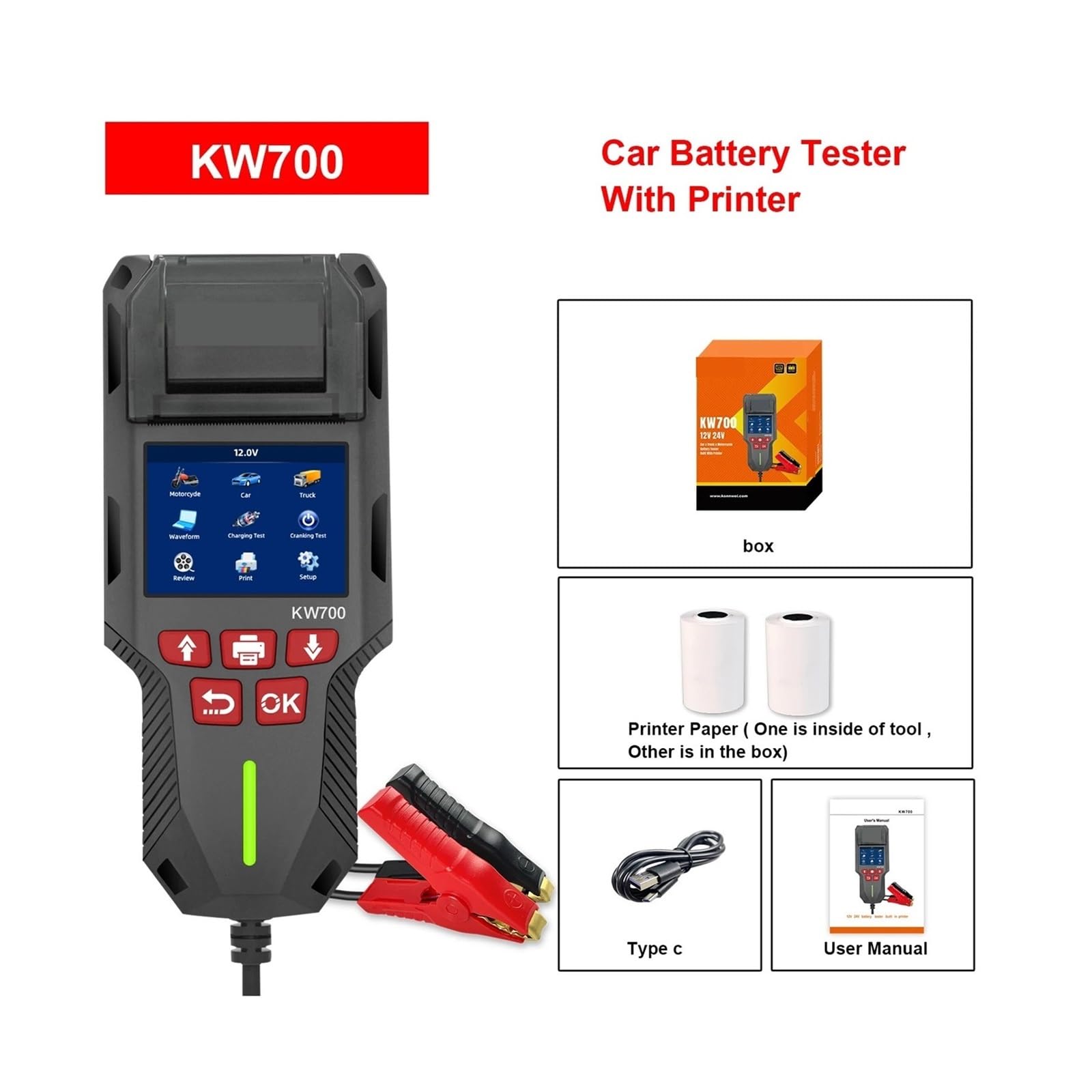 KW700 Tester akumulatorów samochodowych i ciężarowych z funkcją drukowania 12 V 24 V Analizator akumulatorów Test rozruchu Test ładowania 10-2000 CCA Rozrusznik Alternator