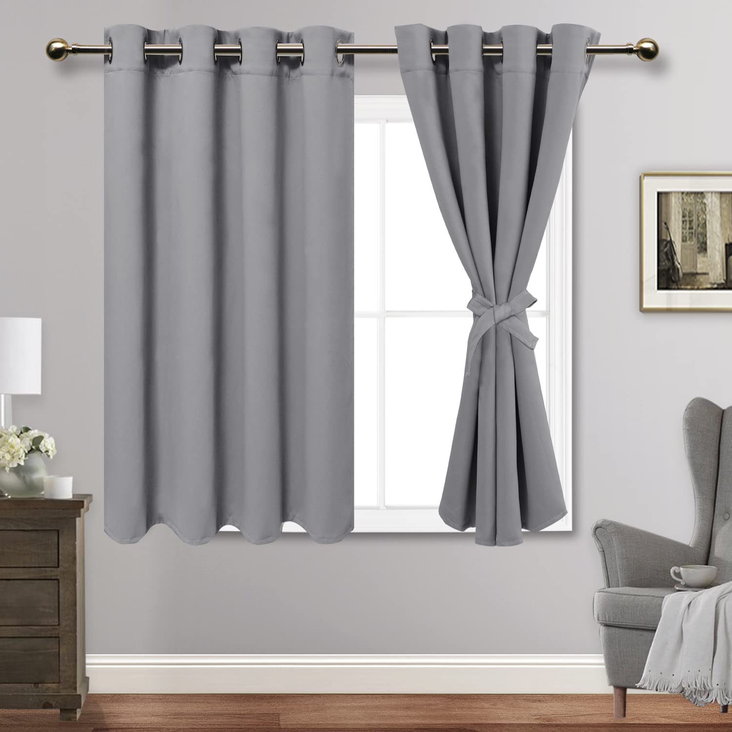 JIUZHEN Light Grey Blackout Curtains with Tiebacks Thermal Insulated, Light Blocking and Noise Reducing Grommet Curtain for Bedroom and Living Room, Set of 2 Window Curtain Panels, 52 x 54 Inch Length