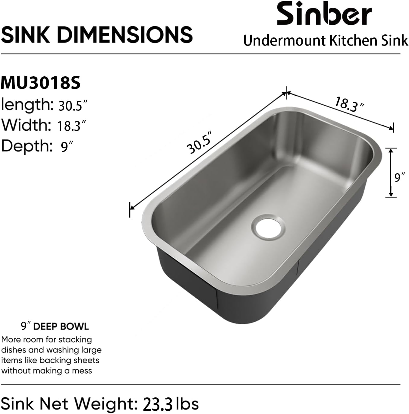 Sinber MU3018SA Single Bowl Stainless Steel Kitchen Sink, 30x18x9 Inches, 304 Grade, Satin Finish