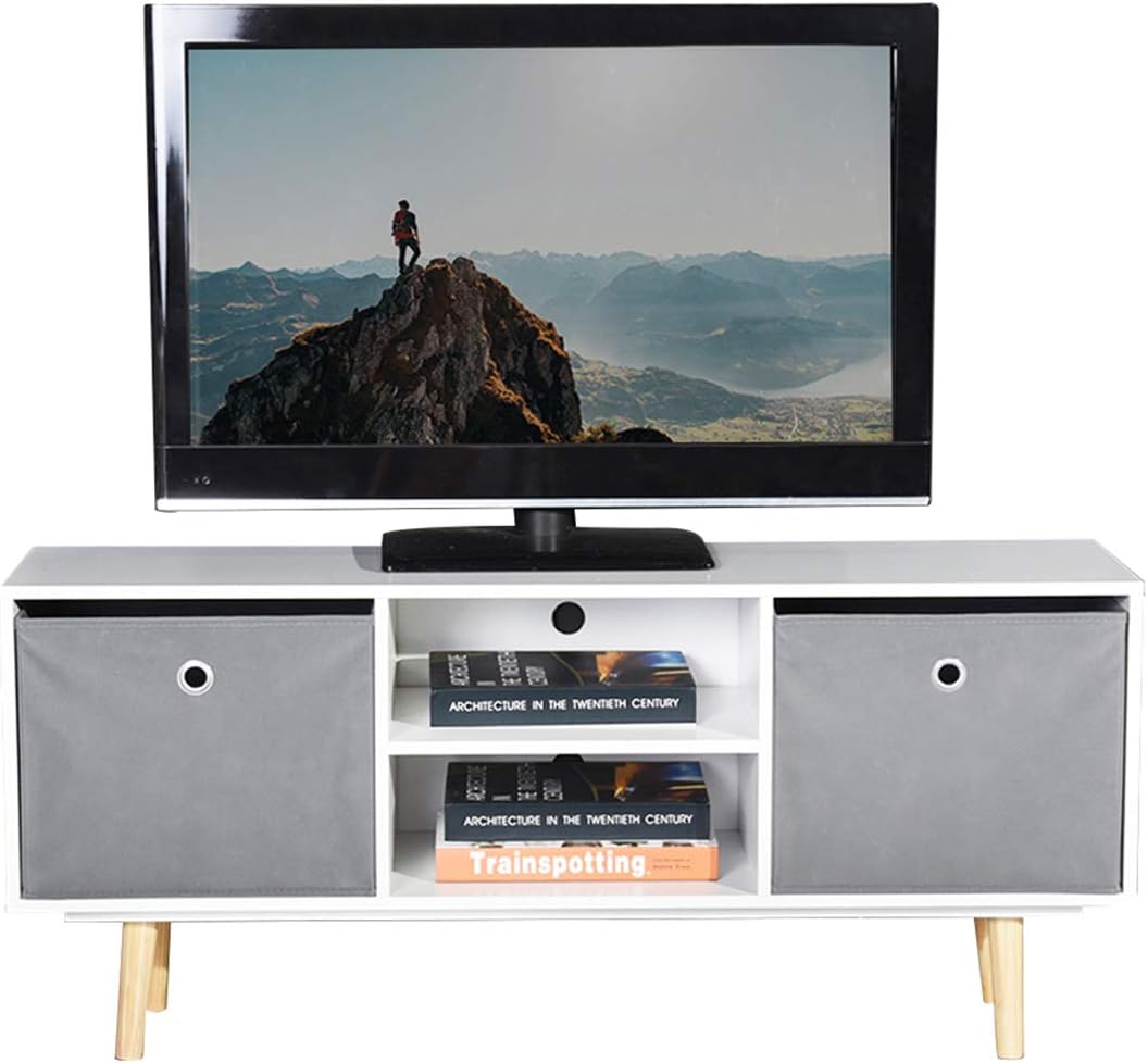 ASUUNY White TV Unit, Modern TV Cabinet, Cube TV Unit, TV Stand Storage Console with 2 Shelves and 2 Drawers for Living Room, Bedroom