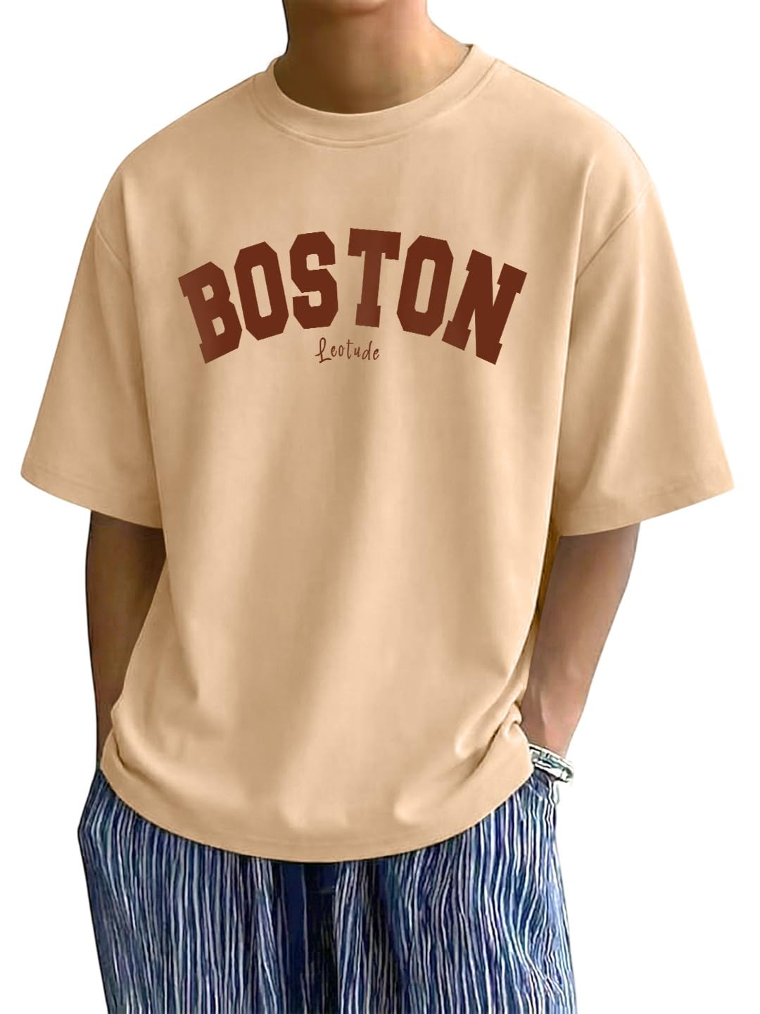 leotude Men's Half Sleeve Round Neck Cottonblend Graphic Print Oversized Tshirt for Man (Color Beige)-picture-10