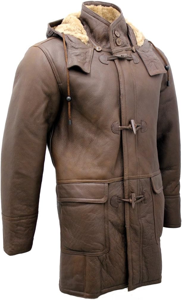 Infinity Men's Brown Sheepskin Leather Detachable Hood Duffle Coat XL - Image 4