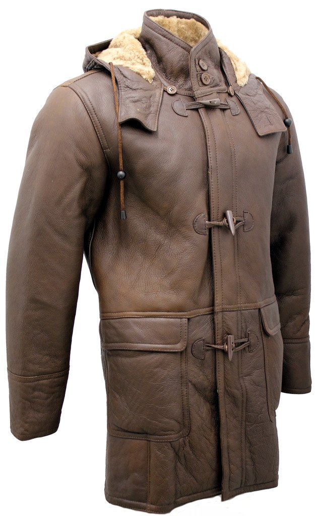 Infinity Herren Braun Schaffell-Leder abnehmbarer Kapuze Dufflecoat XL