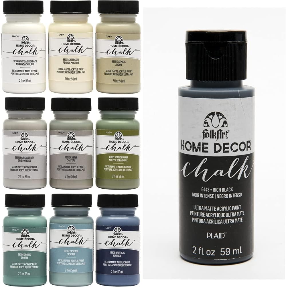 FolkArt Home Decor Ultra Matte Chalk Finish Acrylic Craft Paint Set & 6443 Home Décor Chalk Furniture & Craft Paint in Assorted Colors, 2 oz, Rich Black