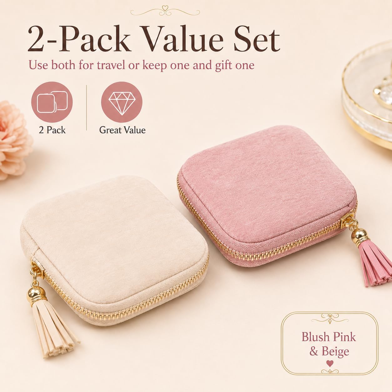 2-Pack Velvet Jewelry Organizer Case - Travel Zipper Pouch with Tassel, 6-Layer Storage for Bracelets, Bangles & Accessories (Off-white and Pink) image 5