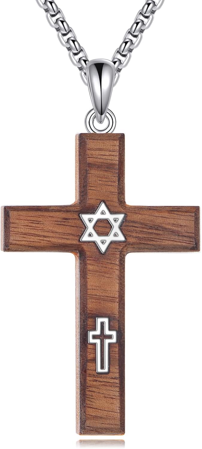 Wood Cross/Cross Star Of David/Guitar Necklace Sterling Silver Wooden Cross Pendant Wood Jewelry for Women Men with 24" Round Box Chain