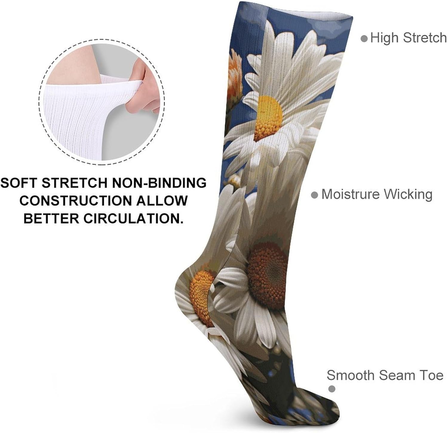 Floral Daisy Knee High Socks Cozy Knee High Socks Soft Mid-Length Sock for All Seasons Daily Wear Adult