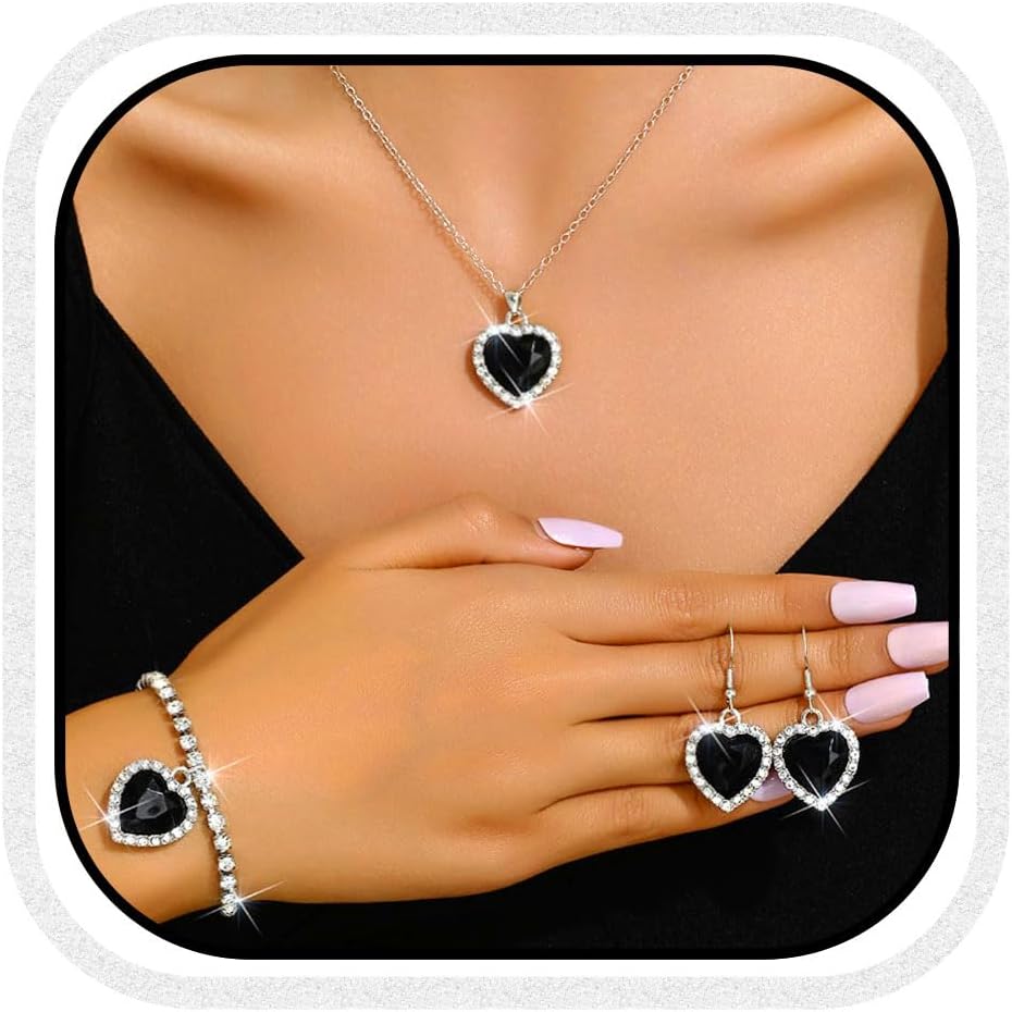 Unicra Heart Silver Jewelry Set Rhinestone Necklace Earrings Bracelet Sets Prom Formal Bridal Wedding Jewelry Sets for Women and Brides