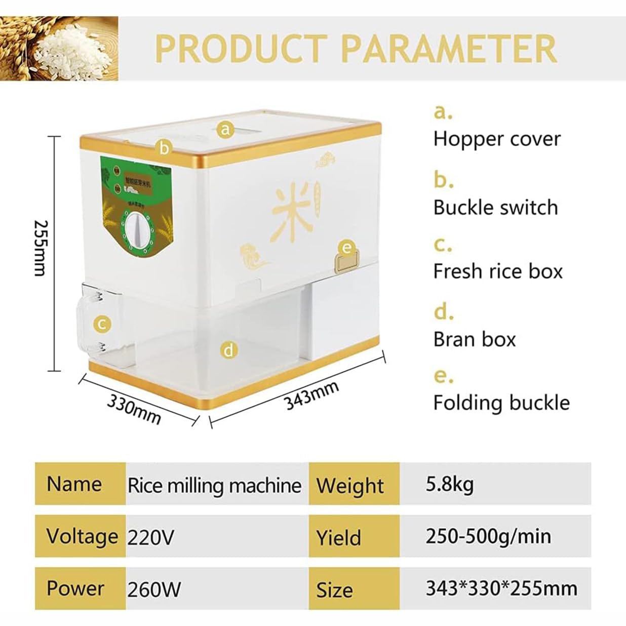 Smerigliatrice elettrica per riso e fresatrice, 8 ingranaggi automatico per sbucciare grano e riso, smerigliatrice per cereali ad alte prestazioni per riso marrone chiaro e germe, funzionamento