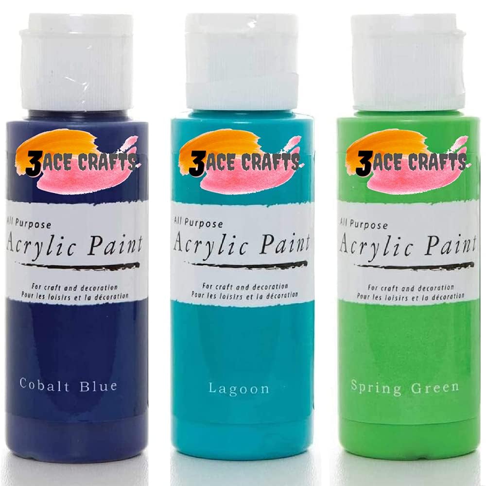 3 Ace Crafts Pack of 3 - Cobalt Blue, Lagoon & Spring Green - Acrylic Paint 59ml - Decoration Kids, Garden Furniture Ornaments, Wood Paint, Air Drying, Modelling Clay, Plastic, Canvas Board & Paper