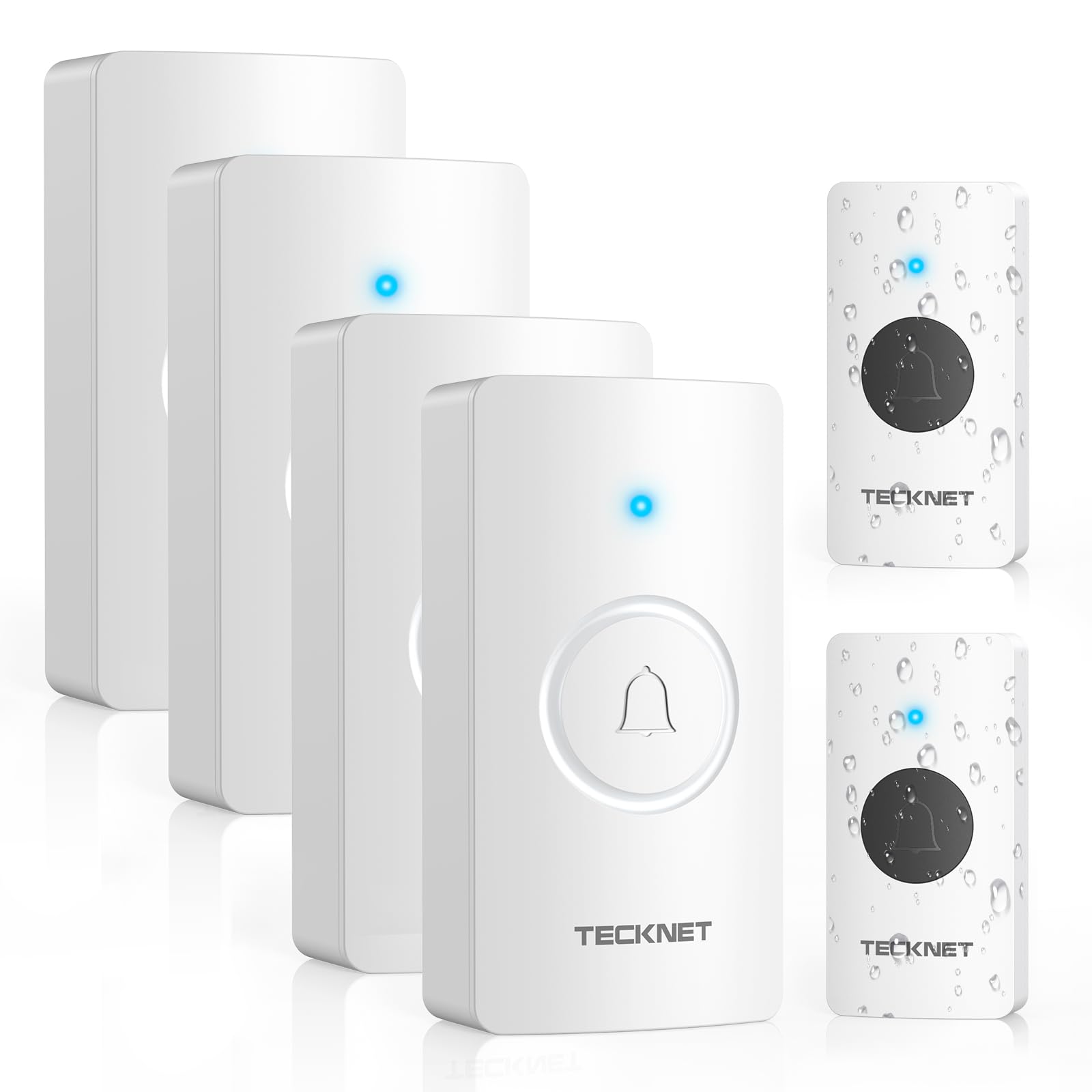 TECKNET Funkklingel, Batteriebetriebene Türklingel mit 4 Empfängern & 2 Sendern, Haustür Klingel Set 400 m Reichweite, IP67 Funkklingel Aussen Wasserdicht, 5 Lautstärkestufen und 60 Melodien, Weiß