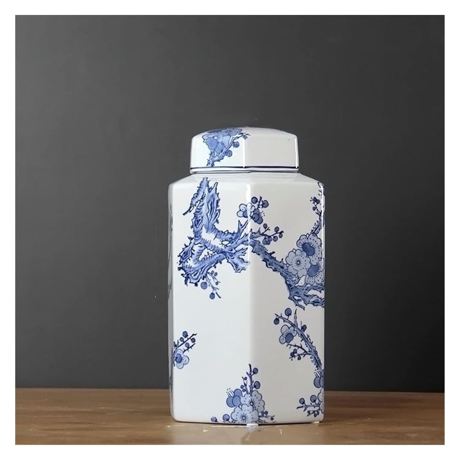 Jarrón de cerámica tetragonal Pintado, jarrón Chino de Porcelana Azul y Blanca con Relieve de Flor de Ciruelo, jarrones Altos de Suelo para Sala de Estar.