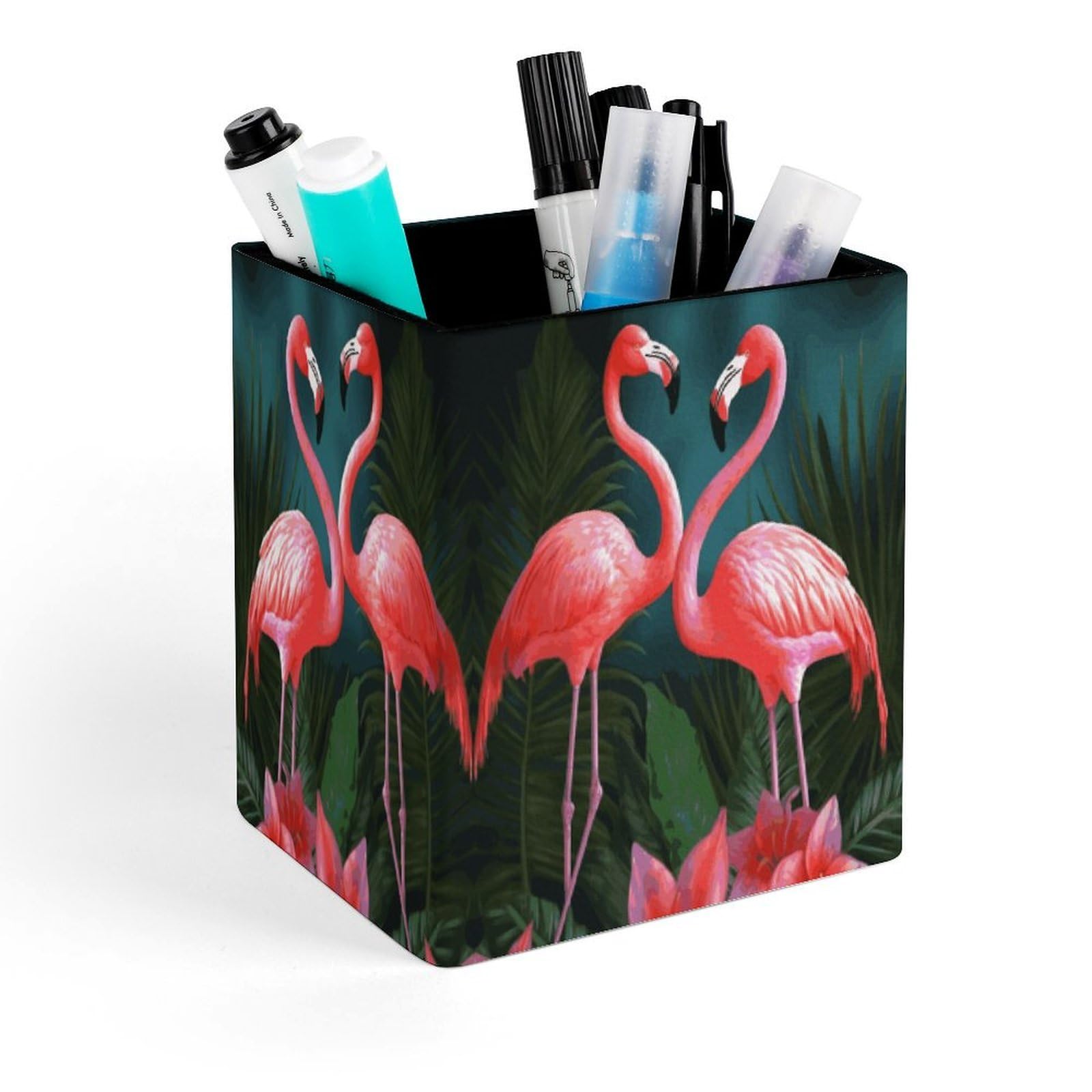 FekiLoot Flamingo Flowers Pencil Holder for Desk Square Leather Pen Holder Cup Desktop Organizer Multi-Functional Pencil Cup Holders Modern Decorative Desk Organizer Caddy Makeup Brush Holders