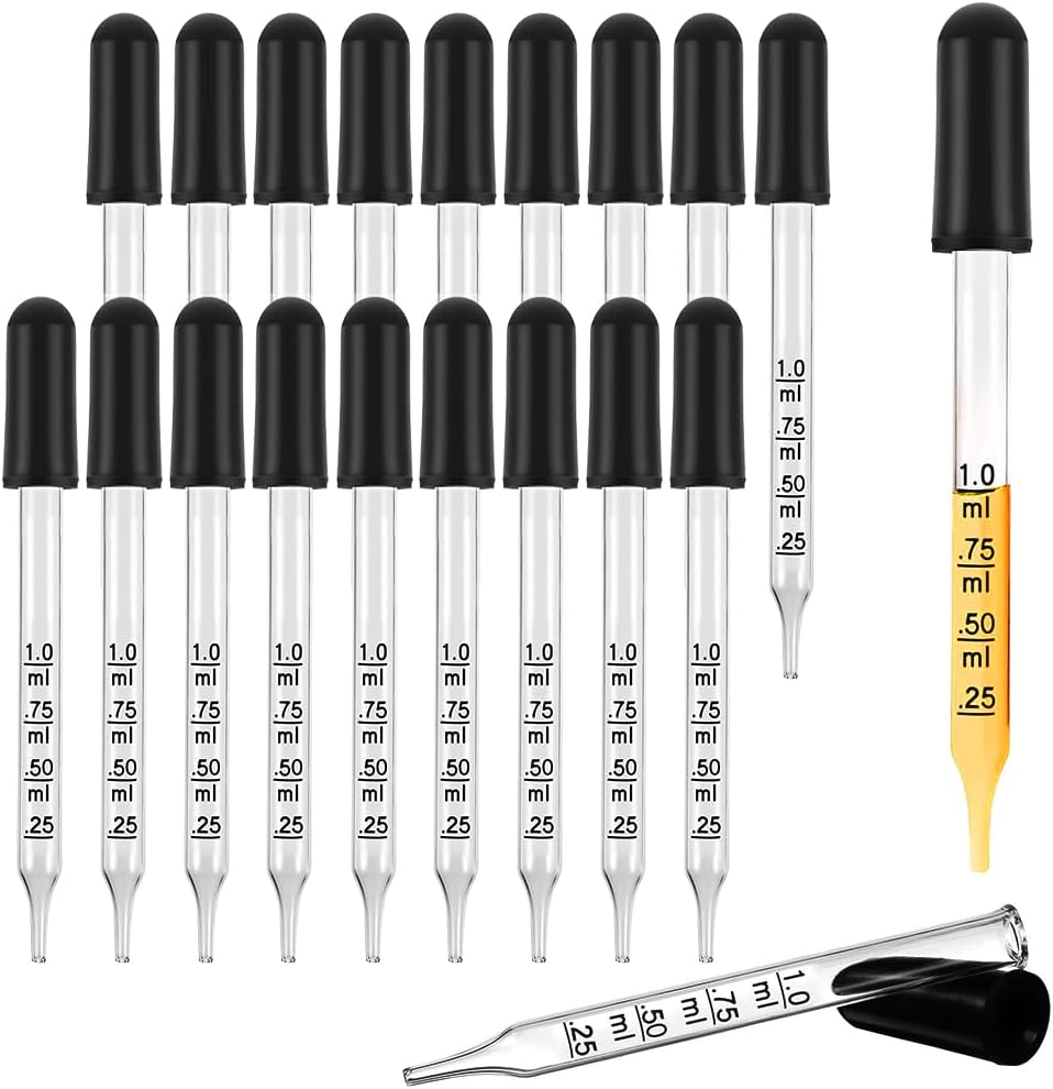 Eye Dropper for Essential Oils 20 PCS - Pipettes Dropper with Black Rubber Head, Straight-Tip Calibrated Thick Glass Medicine Dropping Pipettes for Accurate Easy Dose and Measurement 1 mL Capacity