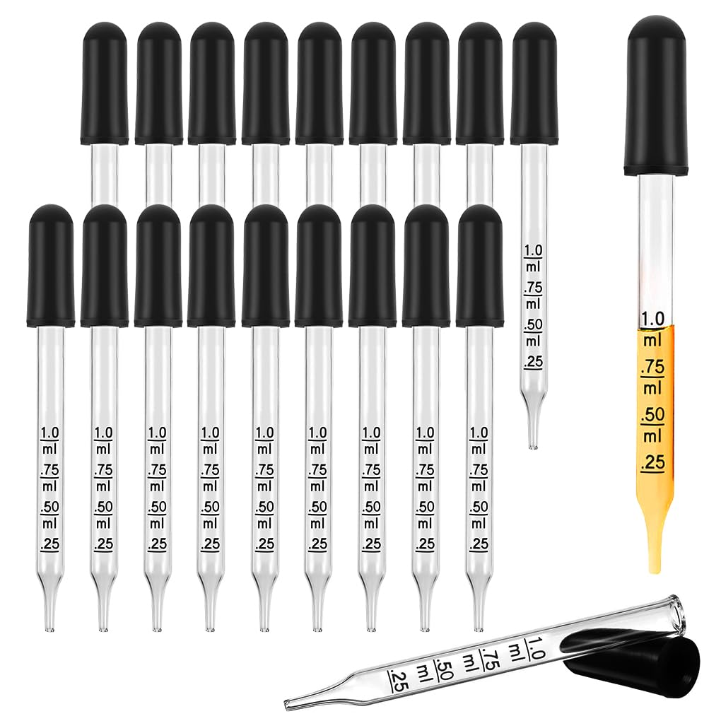 Eye Dropper for Essential Oils 20 PCS - Pipettes Dropper with Black Rubber Head, Straight-Tip Calibrated Thick Glass Medicine Dropping Pipettes for Accurate Easy Dose and Measurement 1 mL Capacity