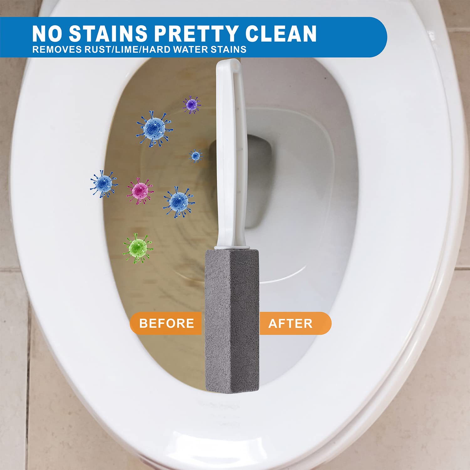 Pumice Stone Brush Toilet Bowl Cleaner with Extra Long Handle, 100% Natural Pumice Toilet Brush, Stain Remover Cleaning Brushes for Bath/Pool/Kitchen/BBQ Cleaning - 2 Pack with 2 Hooks 2
