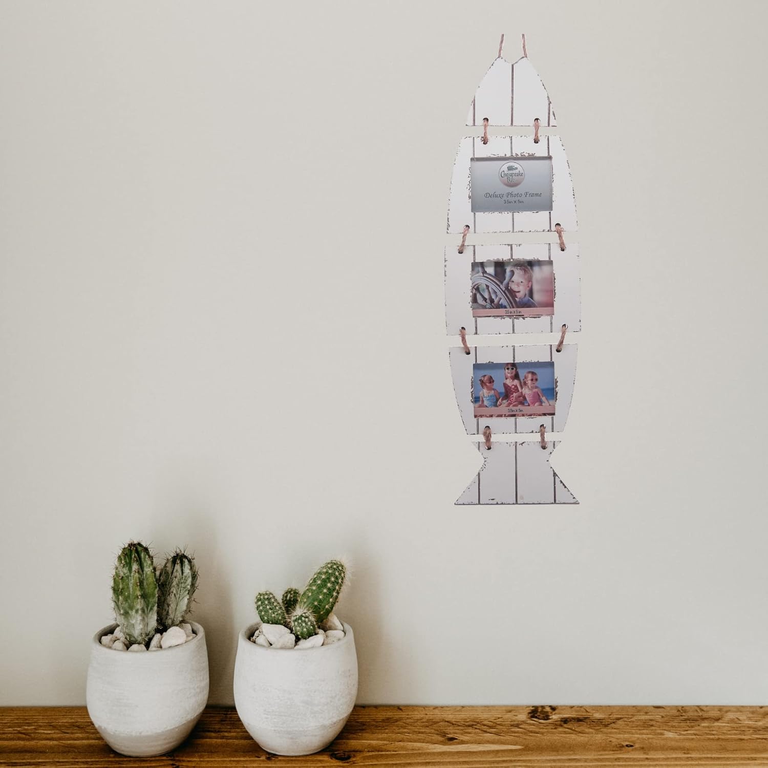 Wowser Distressed White Fish Triple Frame, Nautical Wall Decor, 3.5"x5" Frames