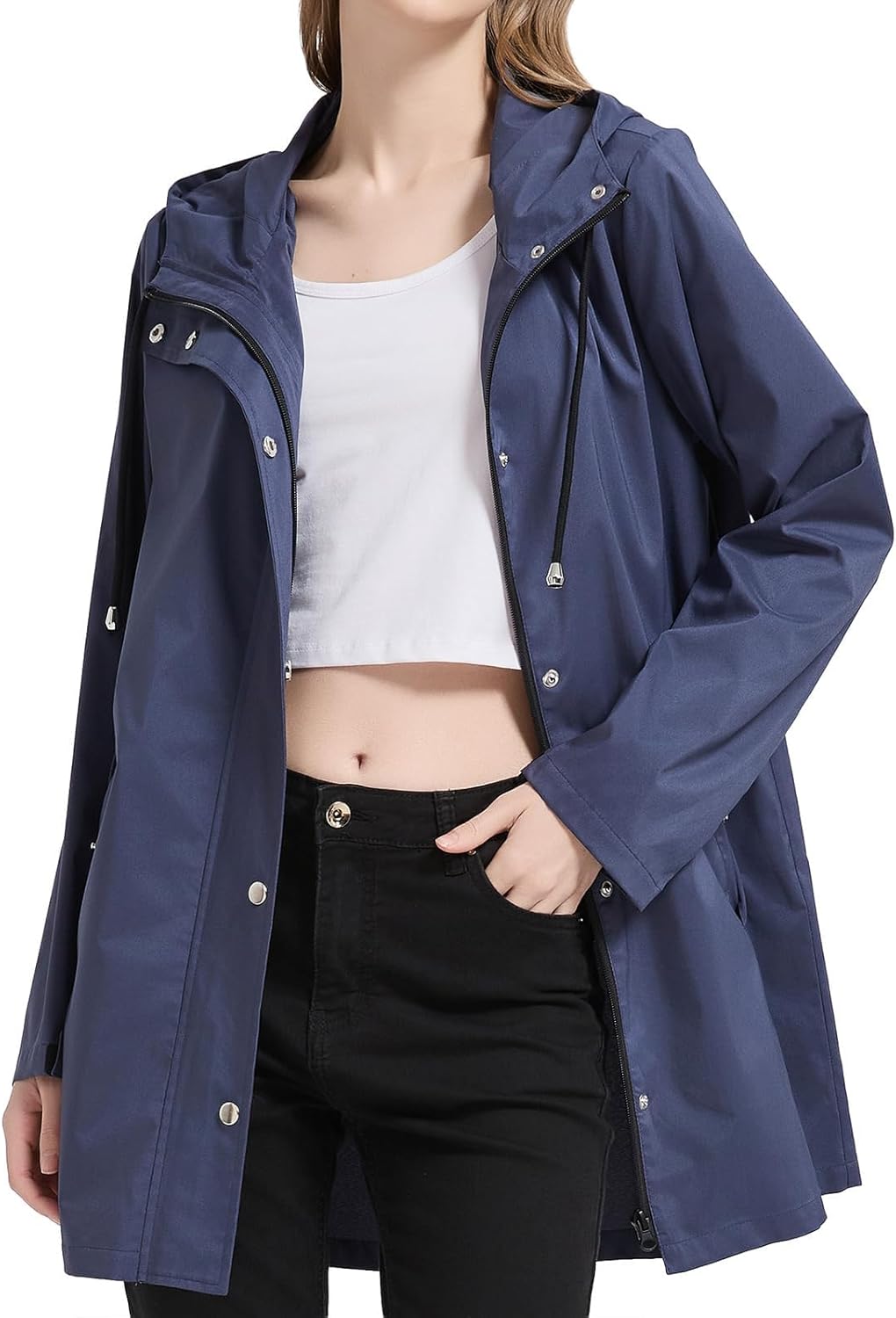 Lightweight Rain Jacket Women Waterproof Wind Breaker Waterproof Long Hooded Rain Jacket with Pockets for Travel Outdoor