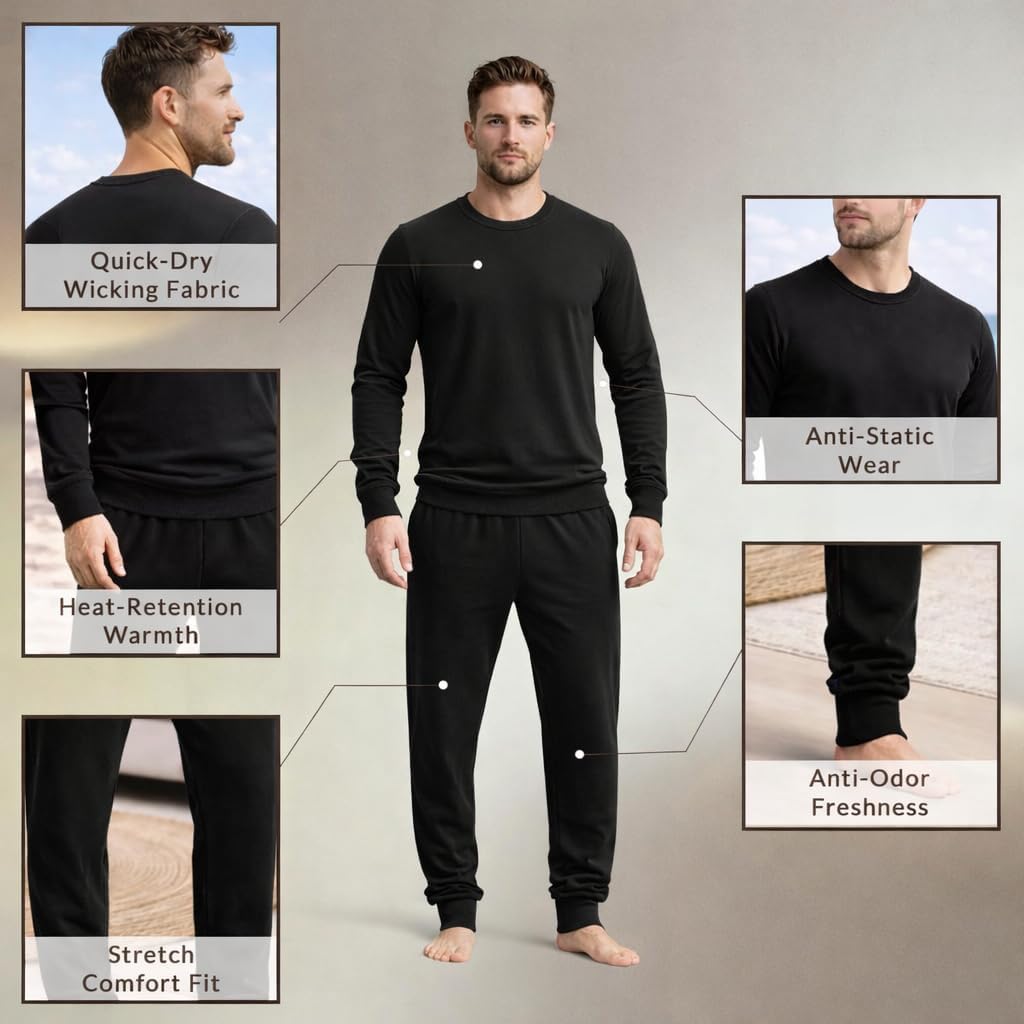 BROOKLYN'S BEST Mens Loungewear Sets - Fleece Lined Base Layer Top & Bottom, Microfiber Mens Pajamas Set - Black