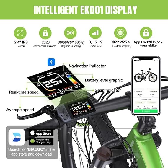 EKD01 EBike Display: 2.4 Ebike Screen for BAFANG BBS02B/01B HD Mid Motor with 0-9 PAS Levels,UART Protocol Bluetooth EBike Computer with 5PIN Female Circular Connector&Type C Charging Port