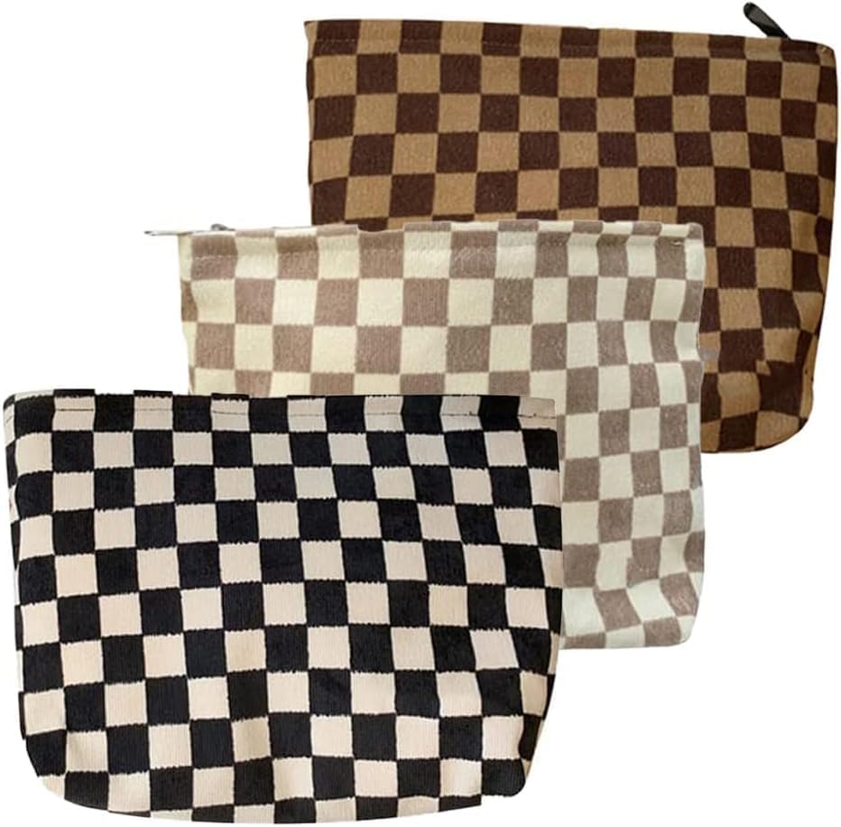 Travel Checkered Makeup Bag, Corduroy Cosmetic Bag for Purse, Small Cosmetic Zipper Pouch Cute Travel Checkered Makeup Bag Gift for Women,Girls (3 pack)2