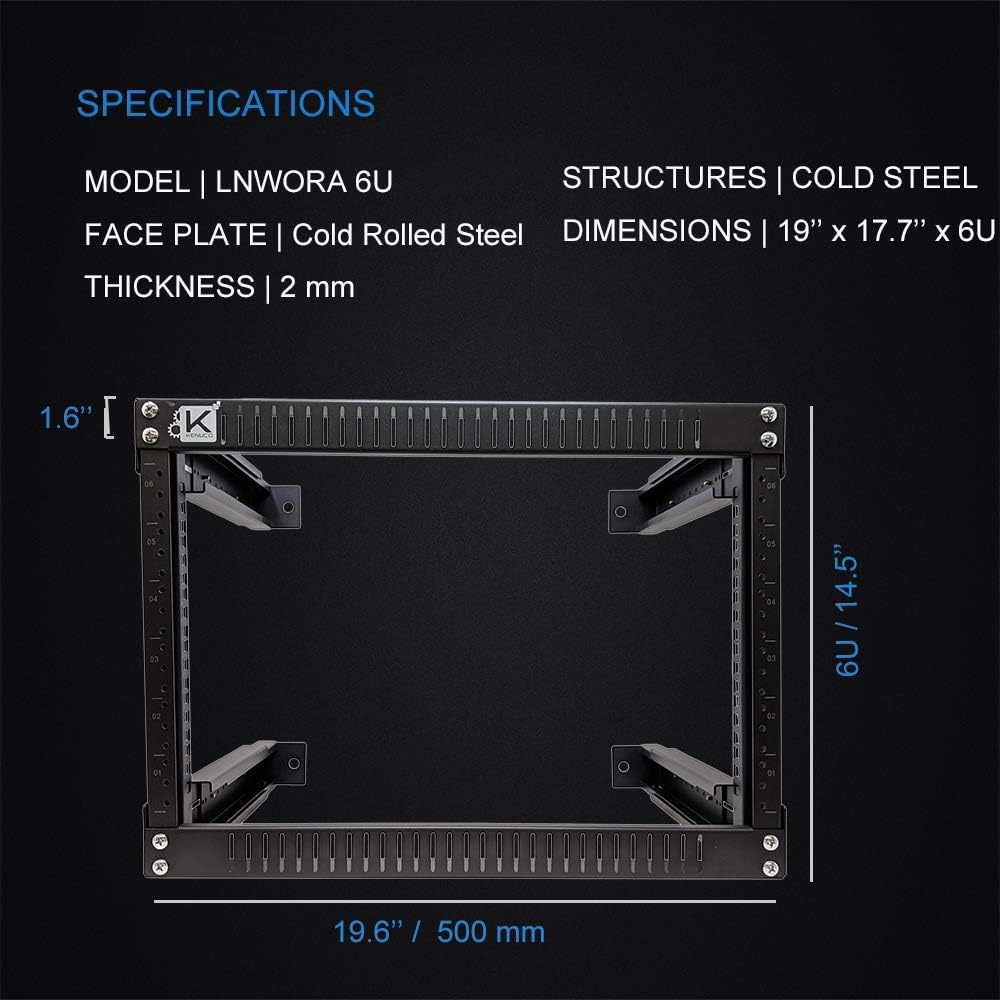 Kenuco 6U Adjustable Depth Wall Mount Open Frame Steel Network Equipment Rack 17.75 Inch Deep