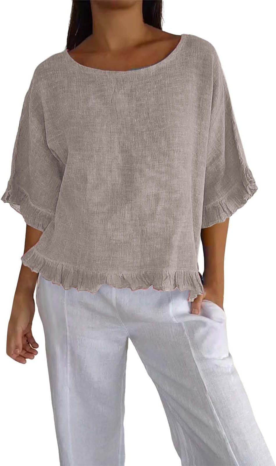 GenericWomen's Shirts 2024 Fall Trendy Dressy Loose Fit Round Neck Tops Linen Textured 3/4 Long Sleeve Ruffled Hem Shirts Lightweight Solid Color Ruched Pullover Blouse