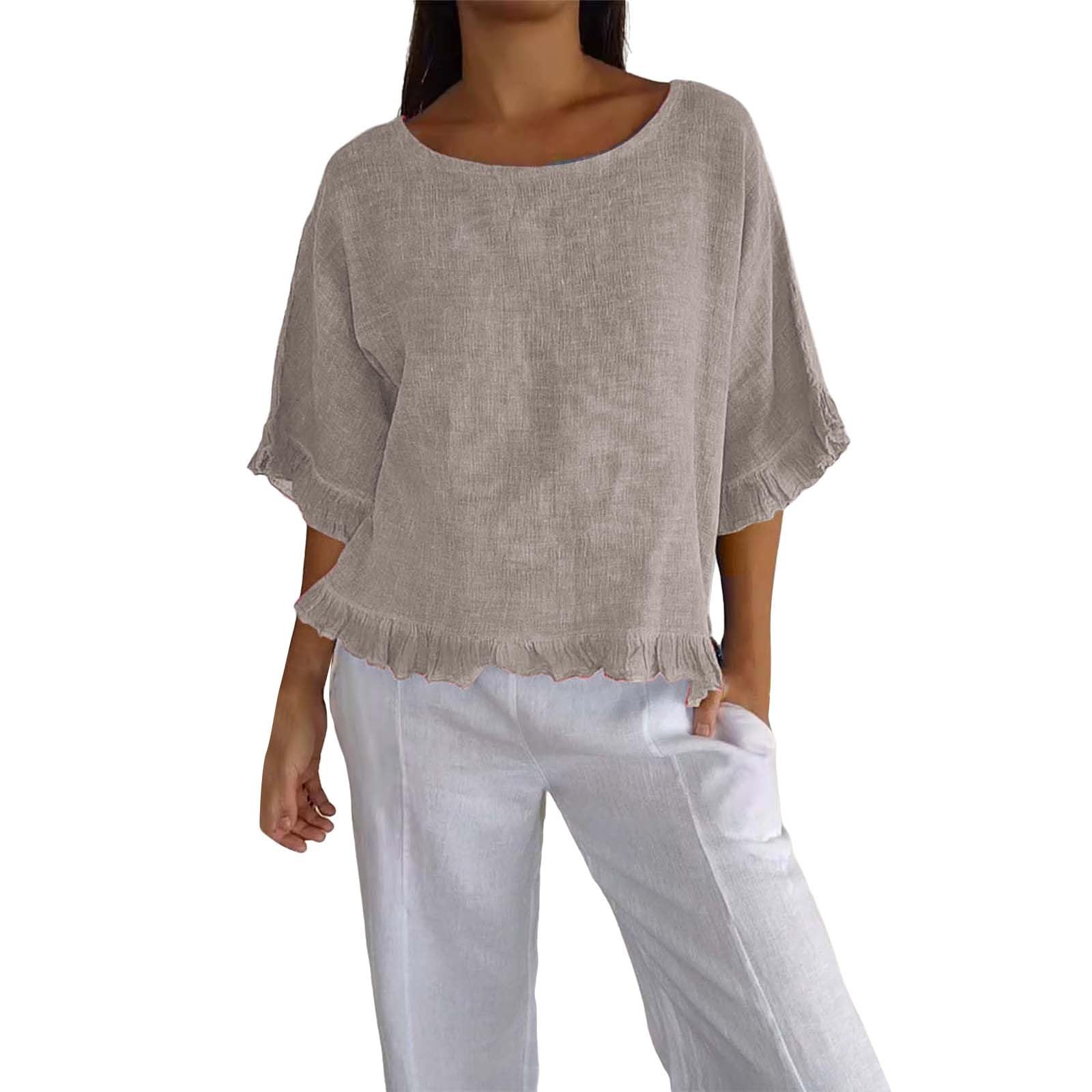 GenericWomen's Shirts 2024 Fall Trendy Dressy Loose Fit Round Neck Tops Linen Textured 3/4 Long Sleeve Ruffled Hem Shirts Lightweight Solid Color Ruched Pullover Blouse