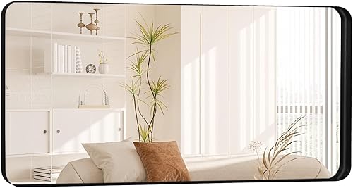Little kuku Espejo de baño negro, marco de metal de 28 x 55 pulgadas con esquina redondeada, espejo de pared mejorado para baños, entradas, salas de