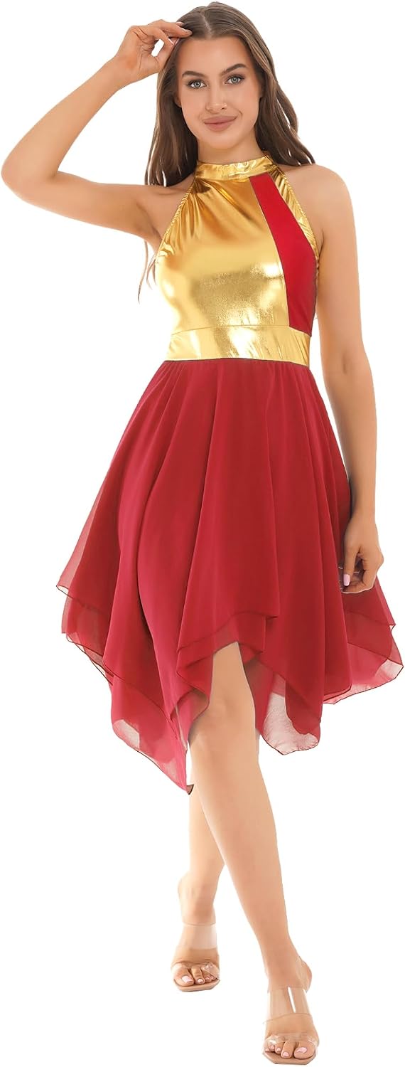 XUNZOO Liturgical Praise Dance Dress for Women Color Block Sleeveless Tunic Asymmetrical Hem Worship Lyrical Dance Costume