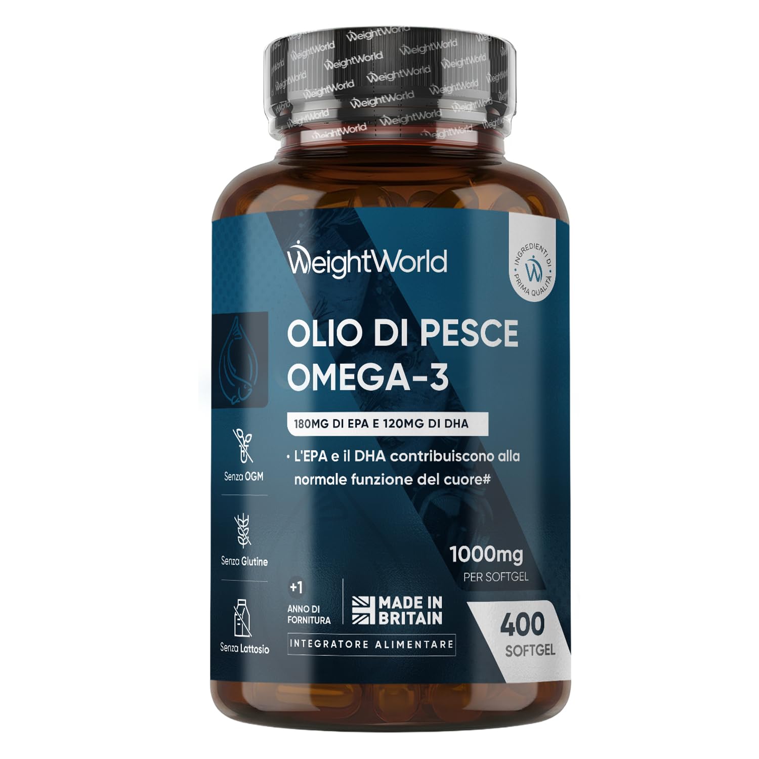 Omega 3 Olio di Pesce, EPA e DHA, 400 Softgel, Solo 1 al Giorno, 1+ Anno, Omega3 Fonte di Acidi Grassi Essenziali, Fish Oil 1000mg, EPA e DHA Contribuiscono alla Normale Funzione del Cuore (EFSA)