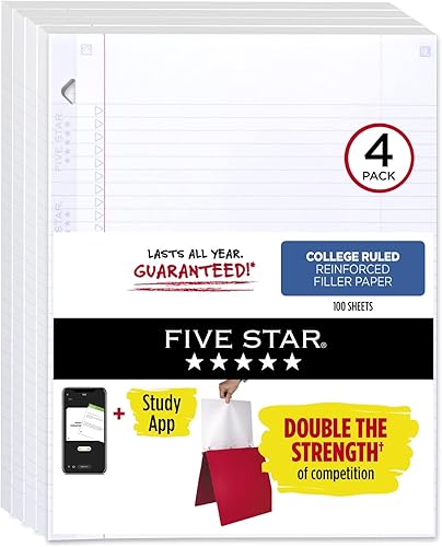 Five Star Papel de hojas sueltas + aplicación de estudio, paquete de 4, 3 agujeros perforados, papel de relleno reforzado, papel rayado